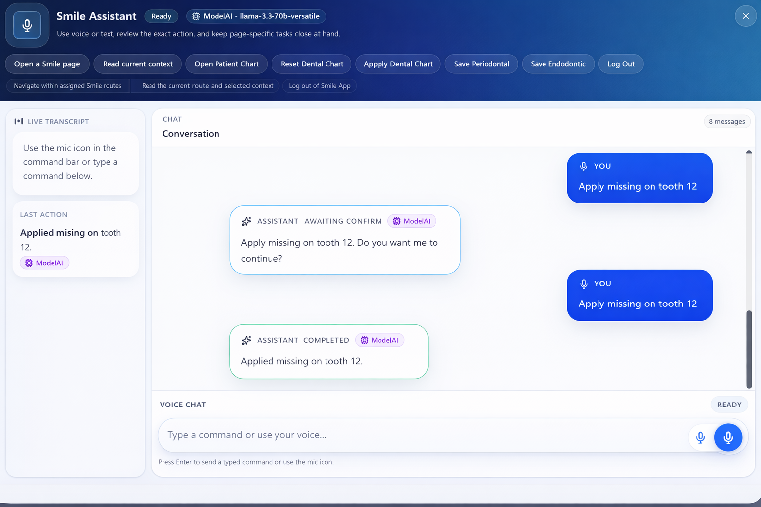 Oradentix assistant workspace with command pills and conversation history.